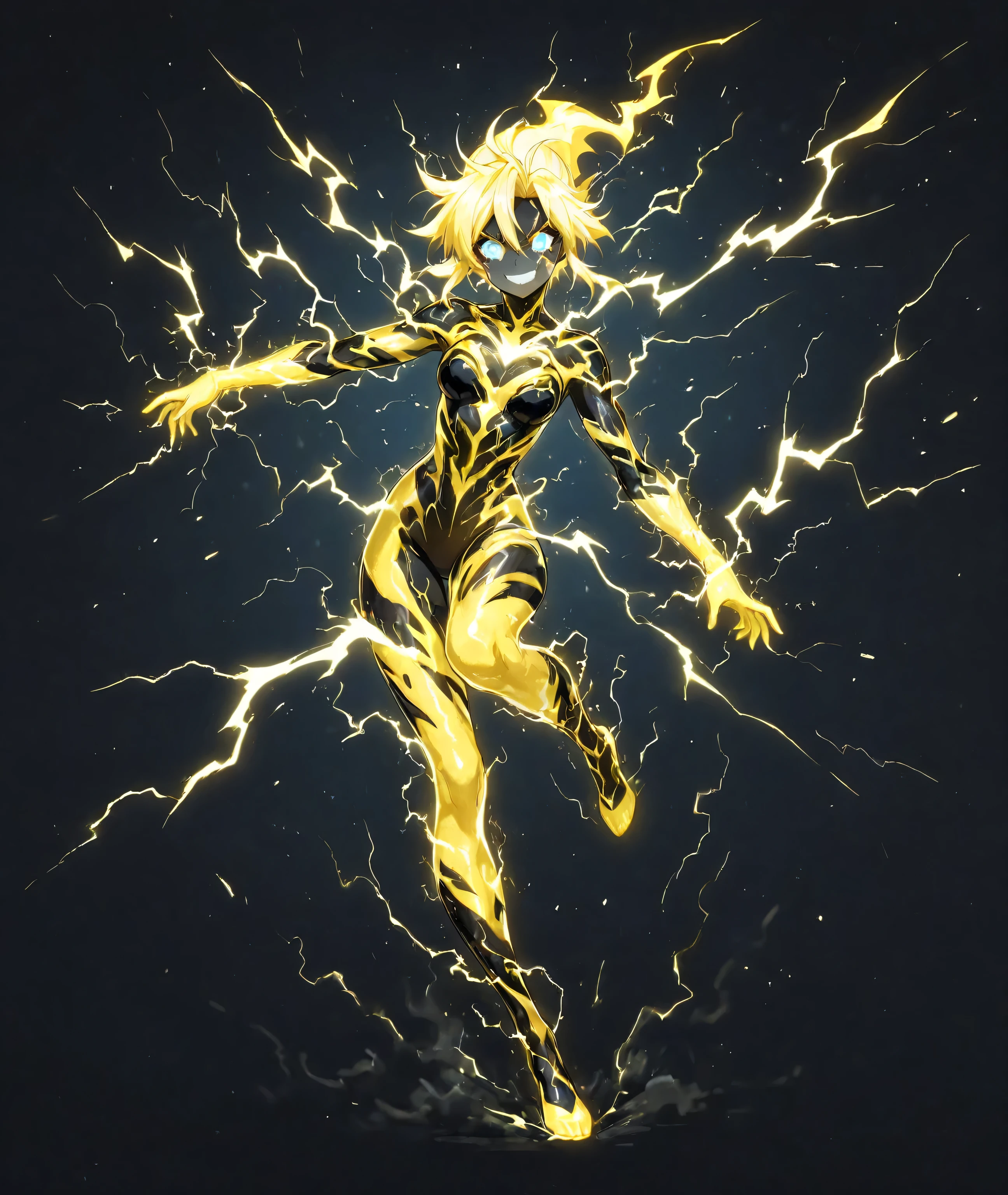 (high-quality, breathtaking),(expressive eyes, perfect face),1girl, solo, Yellow lightning skin color, blue eyes, Lightning whole body form, black thundercloud around her, dark smoke around her body full lightning body, Floating in dark sky, anime, lightning girl head.