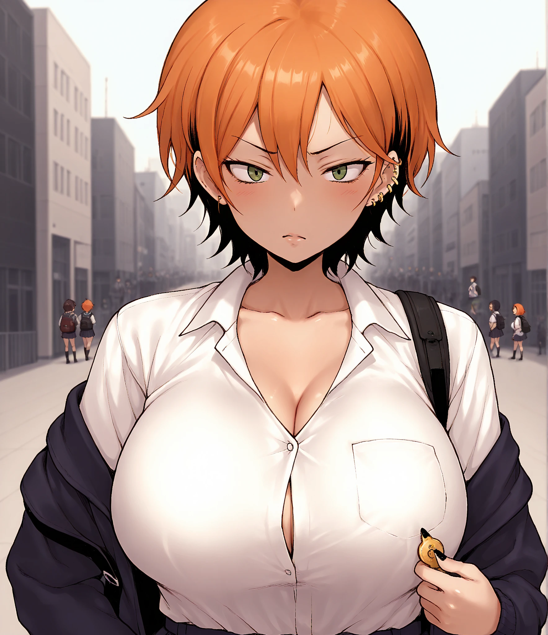 (masterpiece、top-quality、top-quality、Beautifully Aesthetic:1.2)、ighly detailed、highestdetailed、grey eyes、orange color hair|short blond hair、cleavage of the breast、(Knitted tops)、(a miniskirt)、(thigh-high socks)
Matsumoto Rangiku、graffiti art、Look at the viewer、a smile、
