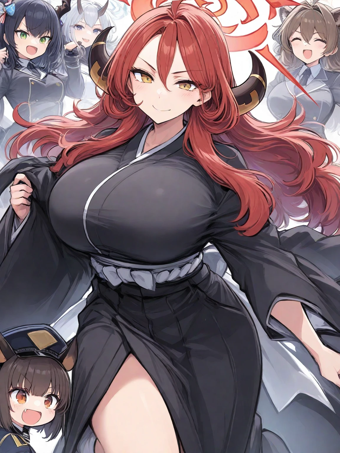 Azur Lane Slow Ahead Style, score_9, score_8_up, score_7_up, source_anime, rating_safe, BREAK akaginor, 1girl, akagi \(azur lane\), fox girl, red eyes, brown hair, long hair, blunt bangs, sidelocks, fox ears, fox tail, multiple tails, large breasts, hair tubes, black kimono, open kimono, cleavage cutout, wide sleeves, long sleeves, black gloves, sash, sakuramon, armor, hakama short skirt, red skirt, pleated skirt, black thighhighs, standing, evil smirk, arms crossed under her chest
