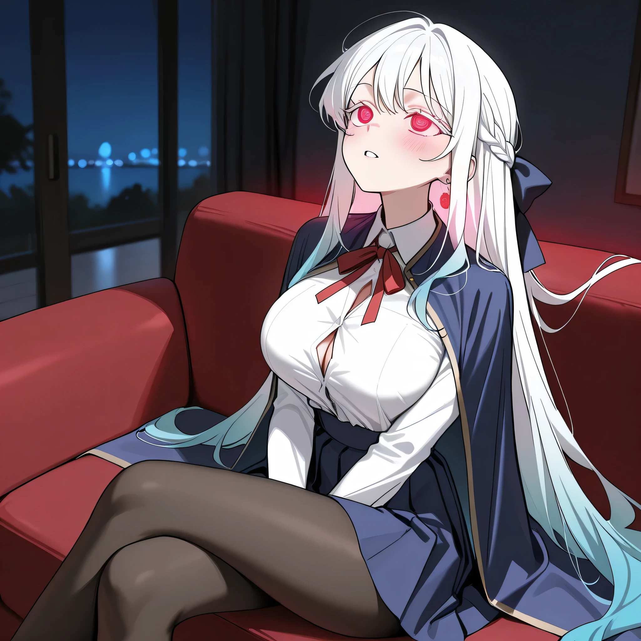 score_9, score_8_up, score_7_up, 1girl, sole female, only female, (top quality, 8k), high resolution, smooth, best quality, highly detailed, living room at night, sitting in a couch, (dark room), large breasts, glowing hypnotic waves in the background, at night, masterpiece, high quality, absurd resolution, blush, looking up, facing up, orgasm face, bliss, orgasm, hypnotizing viewer, jewelry, gold loop earrings, very long hair,very long hair, {{an extremely delicate and beautiful}},(((delicate face))), school uniform, neck ribbon, braid, hair bow, white shirt, blue cape, blue skirt hongbiyeon, gradient hair, white hair, white eyelashes, v arms, white blouse, shirt tucked in, boob tent, taut clothes, black pantyhose, blue pleated skirt, high waisted skirt, crossed legs, very thin legs, long legs, cowboy shot, hypnotizing_viewer, red hypnotic_eyes, seductive, cleavage, red glowing eyes, ringed eyes