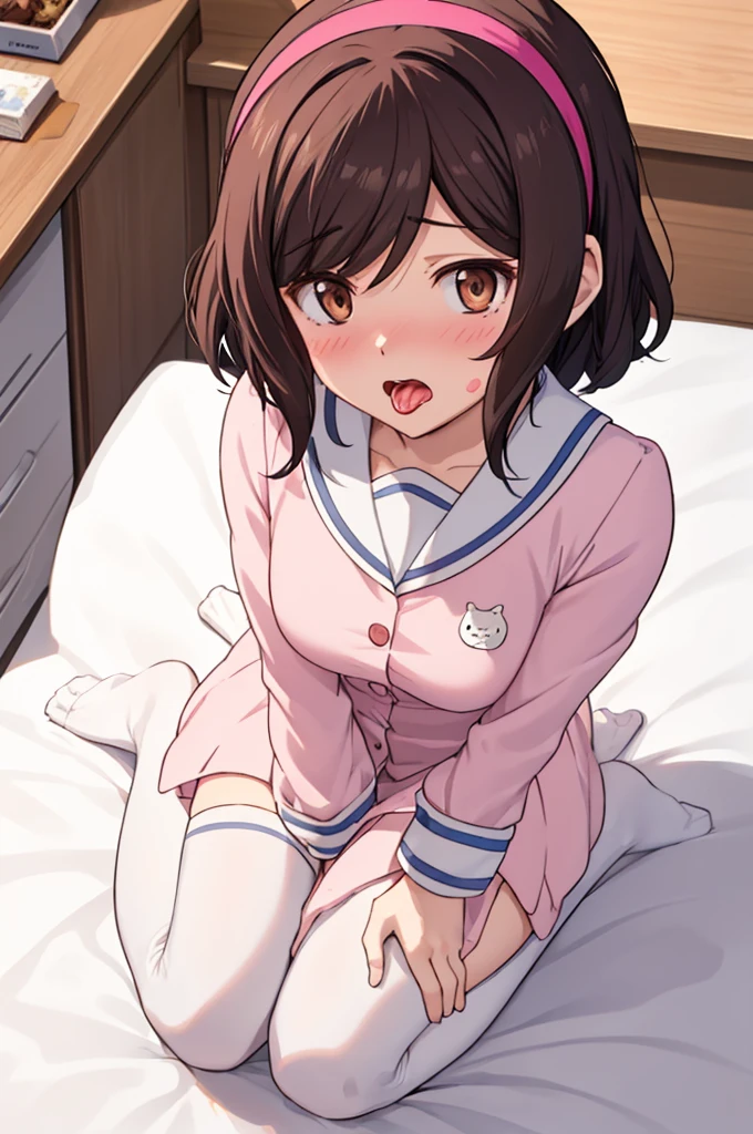 (masterpiece, 4k, Raw photo: 1.2), figure, drooling, brown hair, medium breasts , mature, long hair, soft lighting, bedroom background, sailor suit, pink cardigan, sitting on the bed, enchanting eyes, white stockings, pantyhose, light pink panties, off shoulder cardigan, I don't have shoes, close, Red highlights on hair, medium length hair. From above
