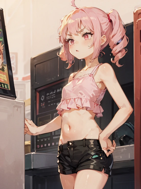 nsfw, masterpiece, 1 girl, erect nipples, intricately detailed, topless, navel, denim hotpants, kfc, bare shoulders, necklace, interior, dj, headset, baseball cap, citypop, erect nipples, puffy nipples, extremely detailed, photorealistic, octane render, 8 k, unreal engine, bare breasts, nipples, bare stomach, sweaty, people on background, moist breath, small breasts, flat chests, child, smiling, leaning forward, collarbone, wet body, pink hair, ray of lights, nipple-piercing, fast food counter, nipple chain