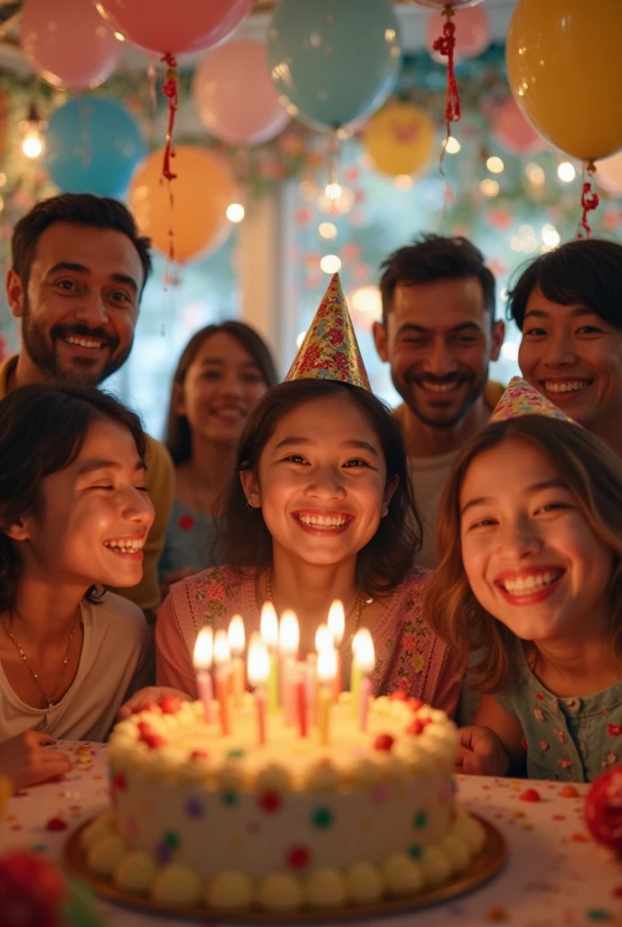 Several young people celebrating birthday birthday cake