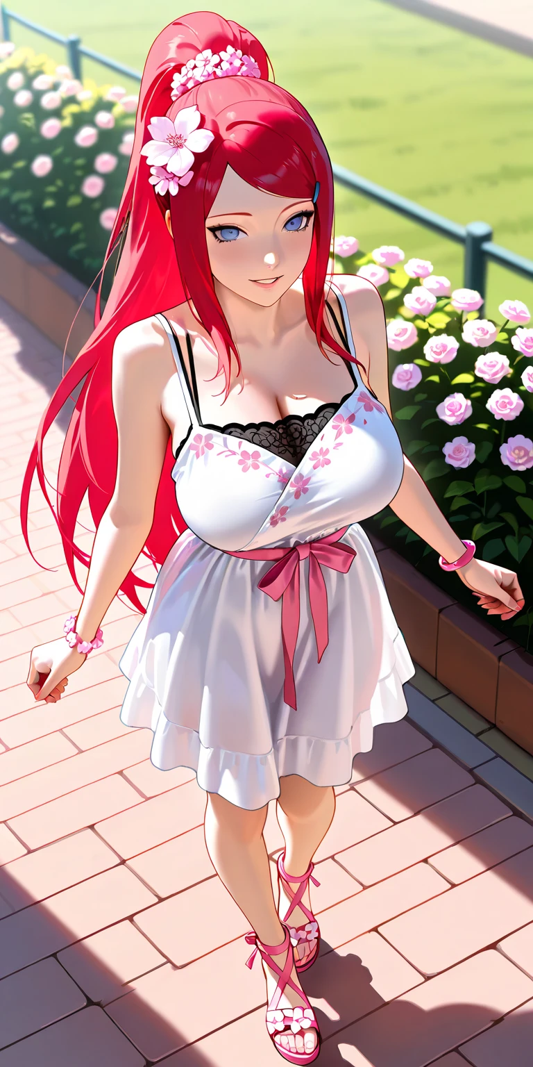 Female anime character with long red hair down to the shoulders, bunny ears, black lipstick, dark eyes, eating strawberries, short white blouse, pink details, pink skirt, silver details, red heels