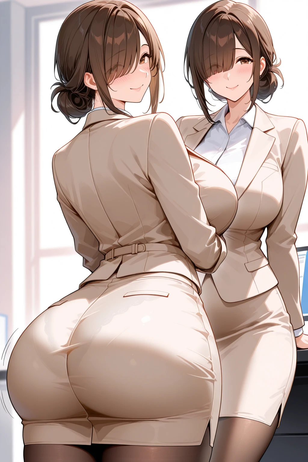 (Best quality, 8k, 32k, Masterpiece, UHD:1.2), 1girl, narrow waist, grey suit, open jacket, office lady, suit, pants, from behind, office room, desk,(stick out one's buttocks:1.2), detailed face, short hair, looking at viewer