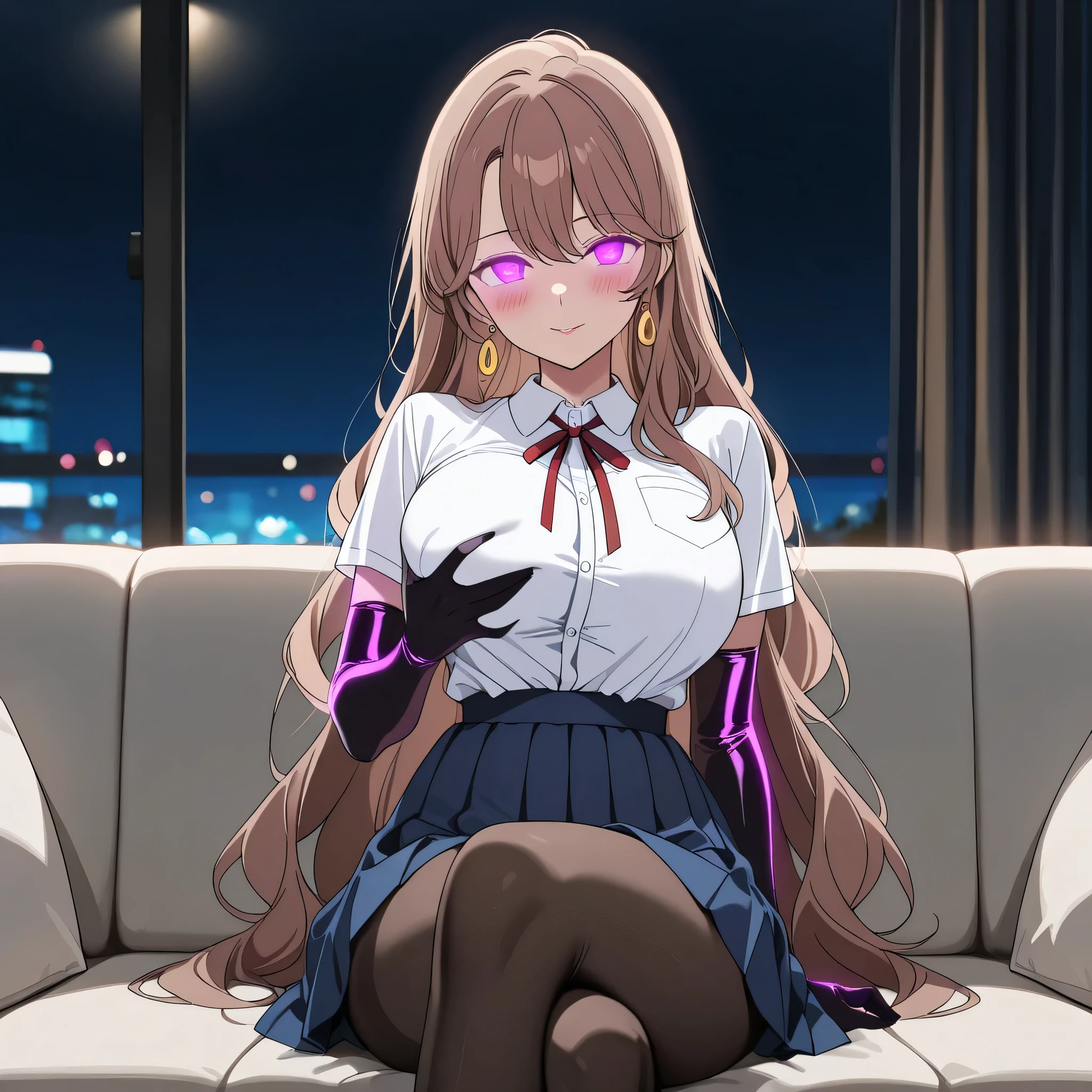 score_9, score_8_up, score_7_up, 1girl, sole female, only female, (top quality, 8k), high resolution, smooth, best quality, highly detailed, living room at night, sitting in a couch, (dark room), large breasts, glowing hypnotic waves in the background, at night, masterpiece, high quality, absurd resolution, blush, hypnotizing viewer, kaa eyes, jewelry, gold loop earrings, very long hair,very long hair, {{an extremely delicate and beautiful}},(((delicate face))), Miyako Saitou, Miyako with brown hair, glowing purple eyes, school uniform cosplay, buttoned blouse, red ribbon, mature female, grabbing own breasts, white blouse, shirt tucked in, boob tent, taut clothes, black latex elbow gloves, black pantyhose, blue pleated skirt, high waisted skirt, crossed legs, very thin legs, long legs, cowboy shot, hypnotizing_viewer, hypnotic_eyes, seductive, glowing eyes, ringed eyes