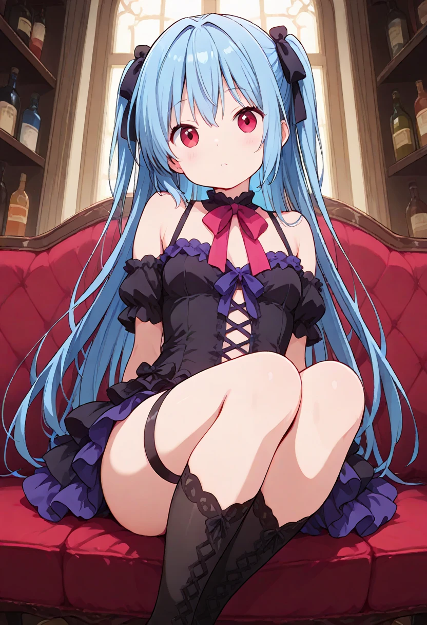 1 girl、Silver Hair、Pale skin、Long Hair、Red flower hair ornament、Emerald green eyes、Small breasts、Gothic ta Clothing、、High resolution、highest quality、Anime Moe Art Style、Cowboy Shot、、Anime Best Girl, Cute Anime Girl、lingerie、panties、Skirt flip、Self Lift、Groin、stomach