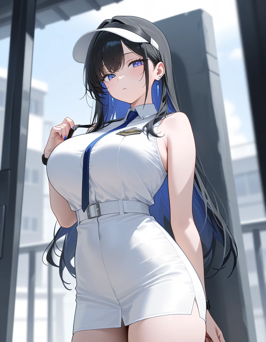 masterpiece, best quality, very aesthetic, absurdres, 1girl, mature_lady,,embarrassed,Electric blue hairfrench braid,Security Guard Uniform,Futurist - Based on futuristic and innovative design concepts, often more theoretical than realized.,floating_hair