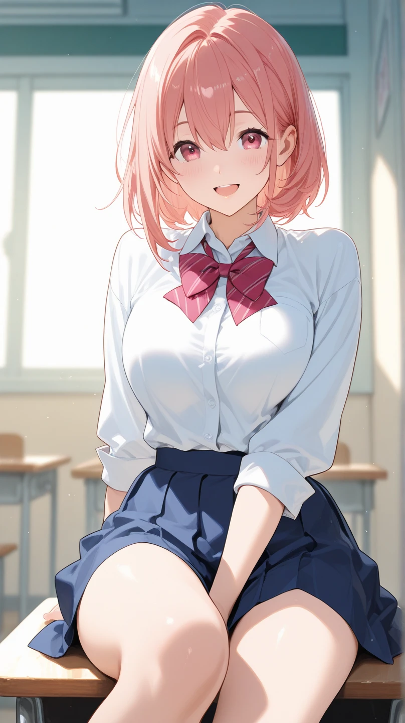 ((table top, highest quality, High resolution, nffsw, perfect pixel, 4k, nffsw, nffsw))), 1 girl, single, alone, beautiful woman、I could see the whole body、 ((short wavy hair, bangs, brown hair)), ((brown eyes, beautiful eyelashes, realistic eyes)), ((detailed face, blush:1.2)), ((smooth texture:0.75, realistic texture:0.65, realistic:1.1, Anime CG style)), medium breasts, dynamic angle, perfect body, ((school uniform, white shirt, black skirt, unbuttoned shirt、plaid skirt、white socks)), classroom without people、sit at desk、..、evening、、、Very embarrassing panic smile、(lift the skirt with your right hand、open your legs、open your knees wide、puusy show, pussy line, pussy)、、(pink lace bra)、angle from below, masturbation