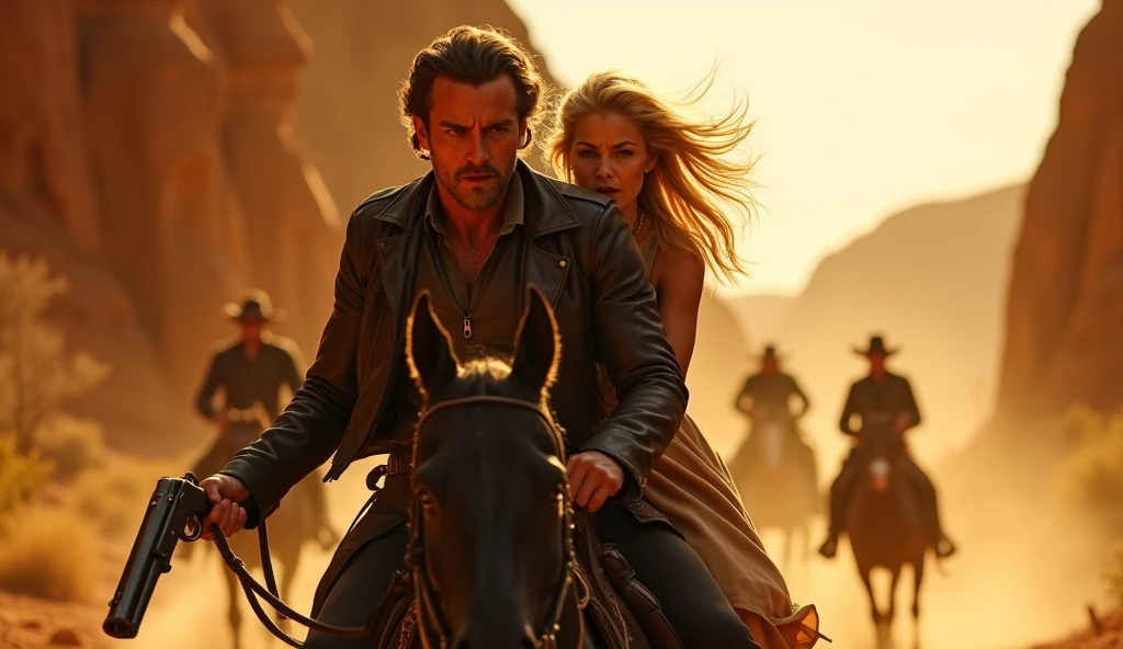 A handsome beautiful slim shirtless white skin man in the desert many horse running behind him 