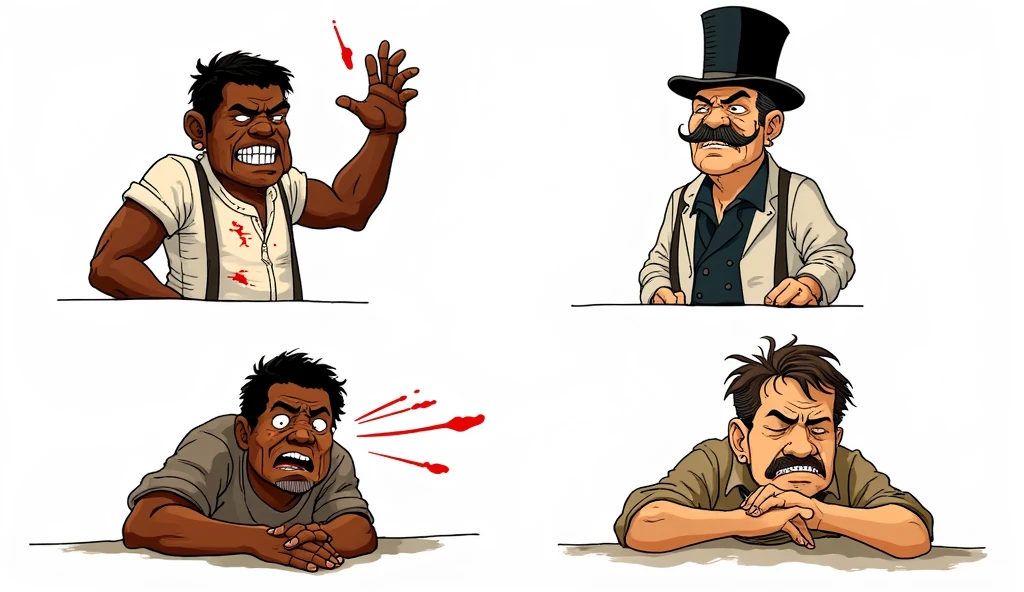 Modern digital illustration in "modern woodcut and line art" style combining ligne claire clarity with rustic hand-drawn feel. Four Brazilian characters from 1800s Rio de Janeiro arranged in specific positions: Top left character - menacing dark-skinned capoeira criminal with evil grin and scars, leaning forward aggressively, one hand raised showing bloody palm, wearing torn white shirt and suspenders. Top right character - elegant white-skinned Baron standing upright with pompous expression, curled mustache, small glasses on nose tip, black top hat, fancy tailcoat, holding ornate object. Bottom center-left character - terrified medium brown-skinned common man crouched down with huge bulging eyes, mouth wide open in horror, sweat droplets streaming, wearing dirty period clothes, hands positioned defensively. Bottom right character - extremely bored sleepy white-skinned man with half-closed drooping eyes, downturned mouth, messy hair, slouched posture, wearing wrinkled shirt. Strong prominent textured black outlines, flat solid colors with limited 19th century palette, hatching and cross-hatching for shadows. Pure white background, high contrast cartoon style, no text elements.