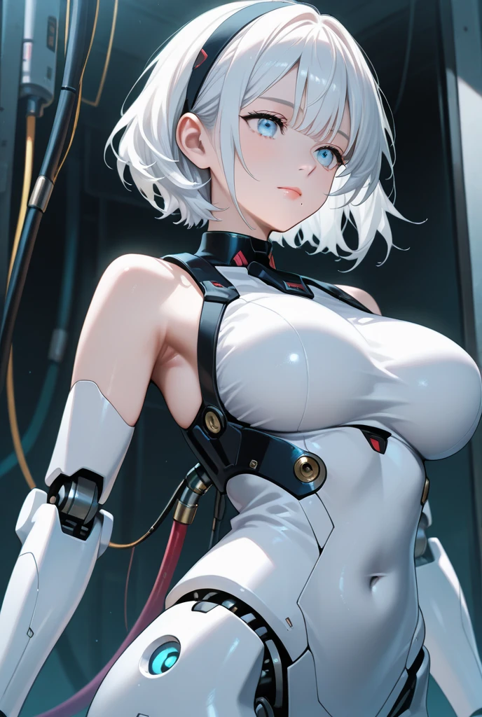NSFW, (((masterpiece)))、(((highest quality)))、((Super fine))、(Detailed CG illustration)、((very delicate and beautiful))、(Delicate and cute face)、cinematic light、((1 Mechanical Girl))、solo、Full body Esbian、(highest qualityのイラスト:1.2), (pretty girl:1.1), (1 girl, solo:1.5), (1 girl、18-year-old、beautiful breasts:1.5、highly detailed eyes:1.2)、(beautiful breasts:1.1)、Cyborg Machine Main Body、positive、white cyber suit、perfect fit、black haired、brown hair、silver hair、blonde、blue hair、blue eyes、brown eyes、red eye mechanical joint:1.4)、((mechanical limbs))、(blood vessels connected to tubeechanical spine attached to back))、((mechanical cervical vertebrae)attached to the neck))、((Sitting on a chair on a machine))、No expression、(Wires and cables attached to head and body:1.5)、(character focus)、nffsw、Under maintenance、Touching the whole body with a mechanical arm