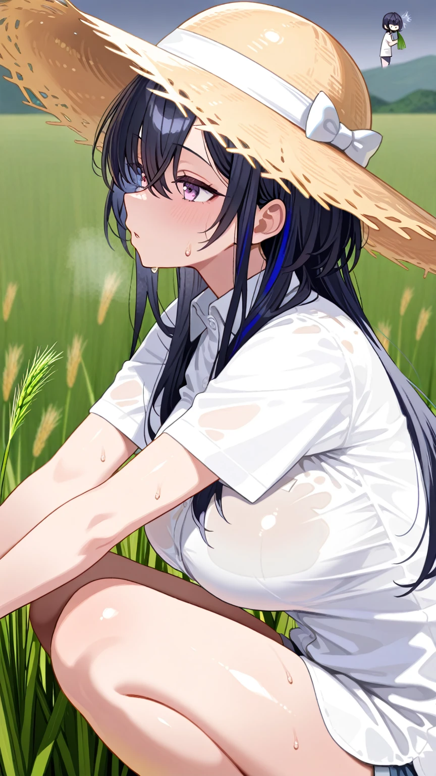 masterpiece, high quality, best quality, an aroused plump girl, (grabbing_own_breast:1.4), cleavage, lingerie, purple hair, freckles, hairs, straw hat, plaid shirt, denim shorts, (sitting in a corn field), closed eyes, open mouth, (blush:1.2), (sweat:1), (sunny:1.2) female masturbation