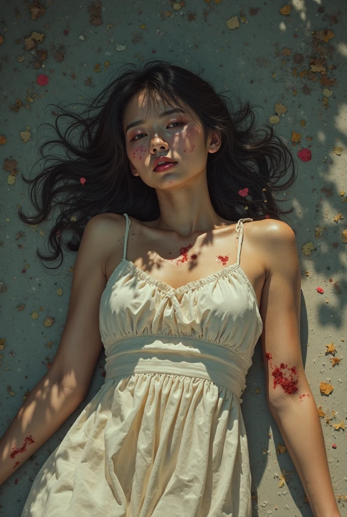photo RAW of a girl laying in spider lilies covered in blood, full body shot, the girl is wearing a dior majestic white dress sharp focus, Realistic, realism, hd, 35mm photograph, 8k), masterpiece, award winning vougue fashion photography, natural light, perfect composition, high detail, hyper realistic cinematic photo RAW candid photo, fashion magazine photo, (sharp focus, hyper detailed, highly intricate), . Extremely high-resolution details, photographic, realism pushed to extreme, fine texture, incredibly lifelike,35mm photograph, film, professional