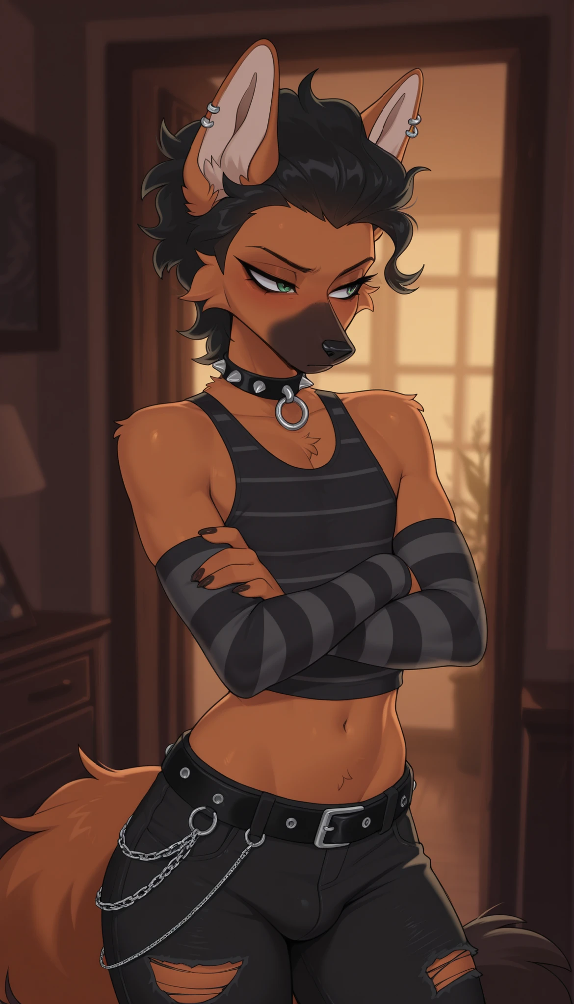 score_9,score_8_up,score_7_up, source_furry, Trisha, a tall female spotted hyena, brown snout, black nose, brown eyes, short spiked undercut platinum blonde hair, black lips, hyena tail, brown hyena ears, smug_expression, female, solo, 1female, toned, wide hips, very skinny, very thin, very slim, very slender, thick thighs, ifbb, thin waist, slendered abs, narrow waist, small waist, erection, ?????, futa_overflow, futanari, gaming room background, bedroom, dark, lights out, smiling, excited, flat chest, flat chested, on all fours, bulge, bulge in the ??????, cowkini, cow bikini, fishnets, long hair, bikini harness, stripped fingerless long gloves, skull patterns, belts, ropes, spiky choker, steamy, sweaty, pentagram, on a bed, led rgb lights, ?????, ??? toy, no panties, ?????, nude, spiky choker, blush, anthro, furry