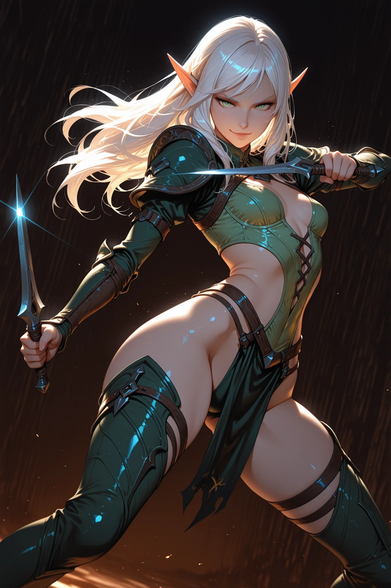 One Woman, masutepiece, of the highest quality, posterior view, Queen of the Grey Elves, bikini of, central, Belt bag, Peach Boots, viewer, Face, Portrait, Glowing eyes, Green smoke, Ass, Black background, Raised breasts, Bare skin, facial expression of smile, devil's figure, Docking screen, Muscle Girl, Krautin Gregg Open, Lower body