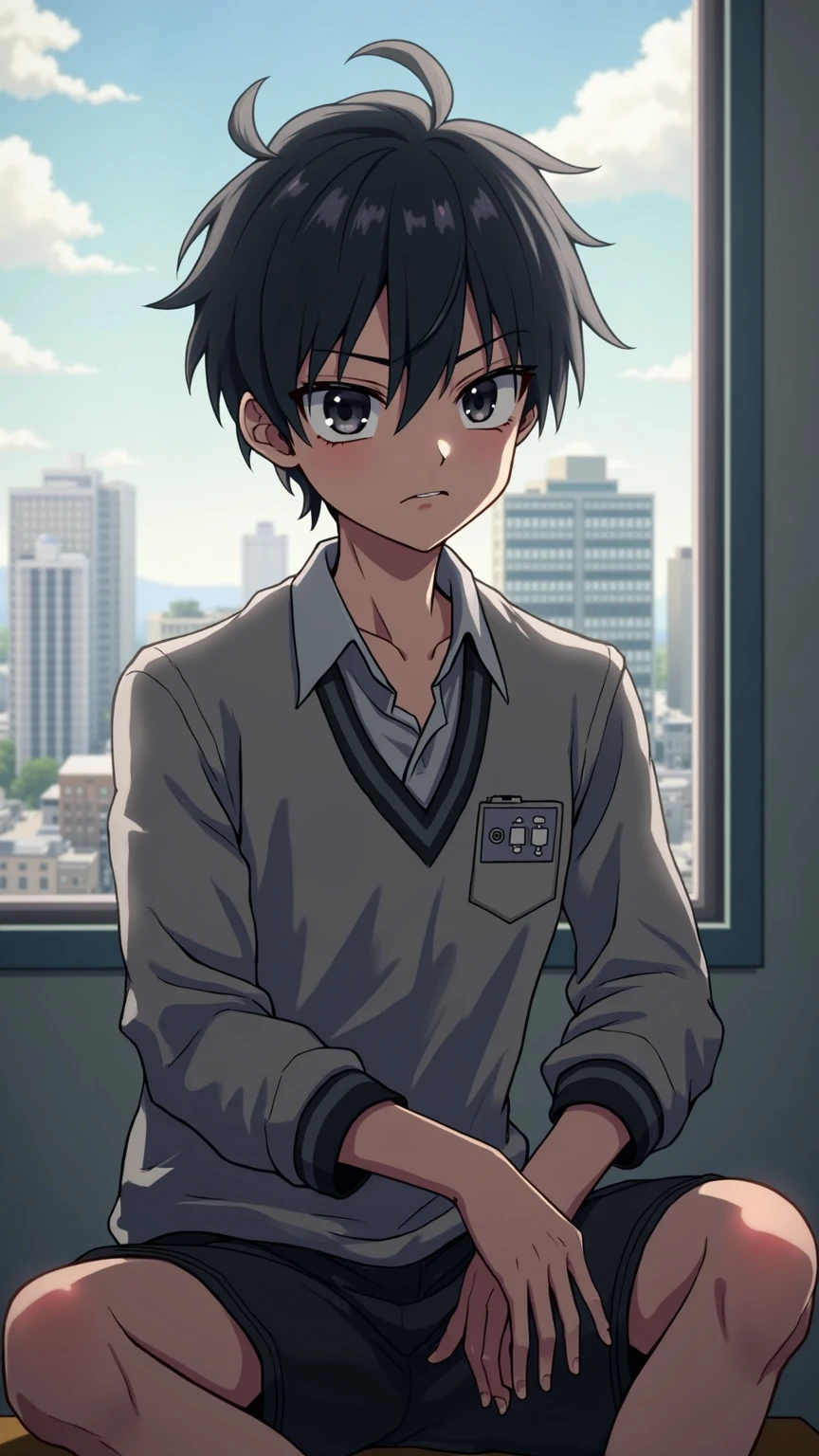 (1 feminine boy solo:1.7),(dark skin:1.5),(masterpiece:1.2), highest quality, High resolution, unity 8k wallpaper, (fine and beautiful eyes:1.6), highly detailed face, perfect lighting, Detailed CG, (perfect hands, perfect ???????),20 years old, (black hair:1.3), detailed eyes, best quality, extremely detailed, very precise detailed, (glasses:1.4)white eyes, (blunt bangs:1.5), (open mouth:1.2), (short hair:1.5), (evil smile:1.4), , (white eyes:1.5) ,long sidelocks, (blush:1.3),(sit on desk:1.3),(Put left knee in front:1.5),(boy's school uniform long pant:1.5),(loosen necktie:1.2),spread legs,bend knee,(open shirt:1.3),