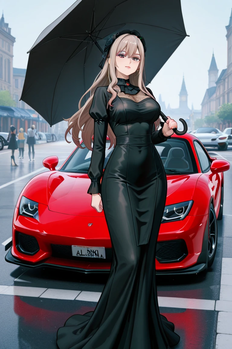 MadamePresident, mature female, milf, blonde hair, long hair, wavy hair, lipstick, makeup, earring, red nails, nail polish, center opening, red dress, covered nipples, helterneck, highheels, night, street, racing car, from above,