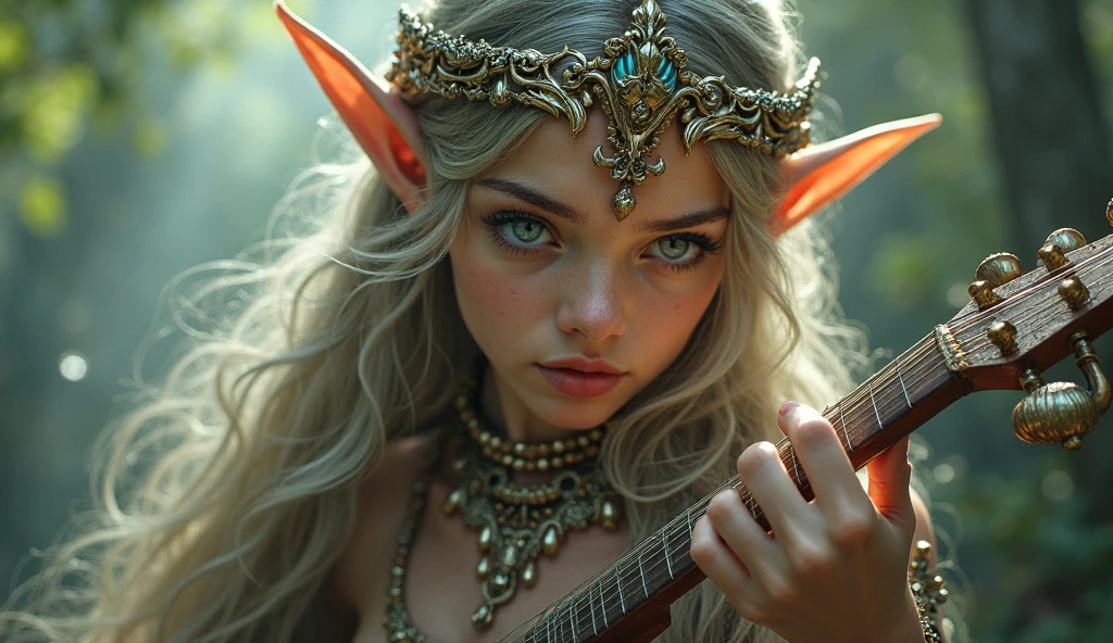 in the dark forest、Sexy female elf playing the mystical lute。She is wearing shiny black bikini armor.、Bare from shoulders to waist。Long platinum blonde hair blowing in the wind、Emerald green eyes sparkling in the night。She has small transparent wings on her back、Small lights like fireflies float around。The elf&#39;s expression is captivating、There&#39;s a smile on your lips。Moonlit trees in the background々Illuminate、It exudes a mysterious atmosphere。Aiming for realistic depictions、The photo is in the highest resolution（8k）Please。