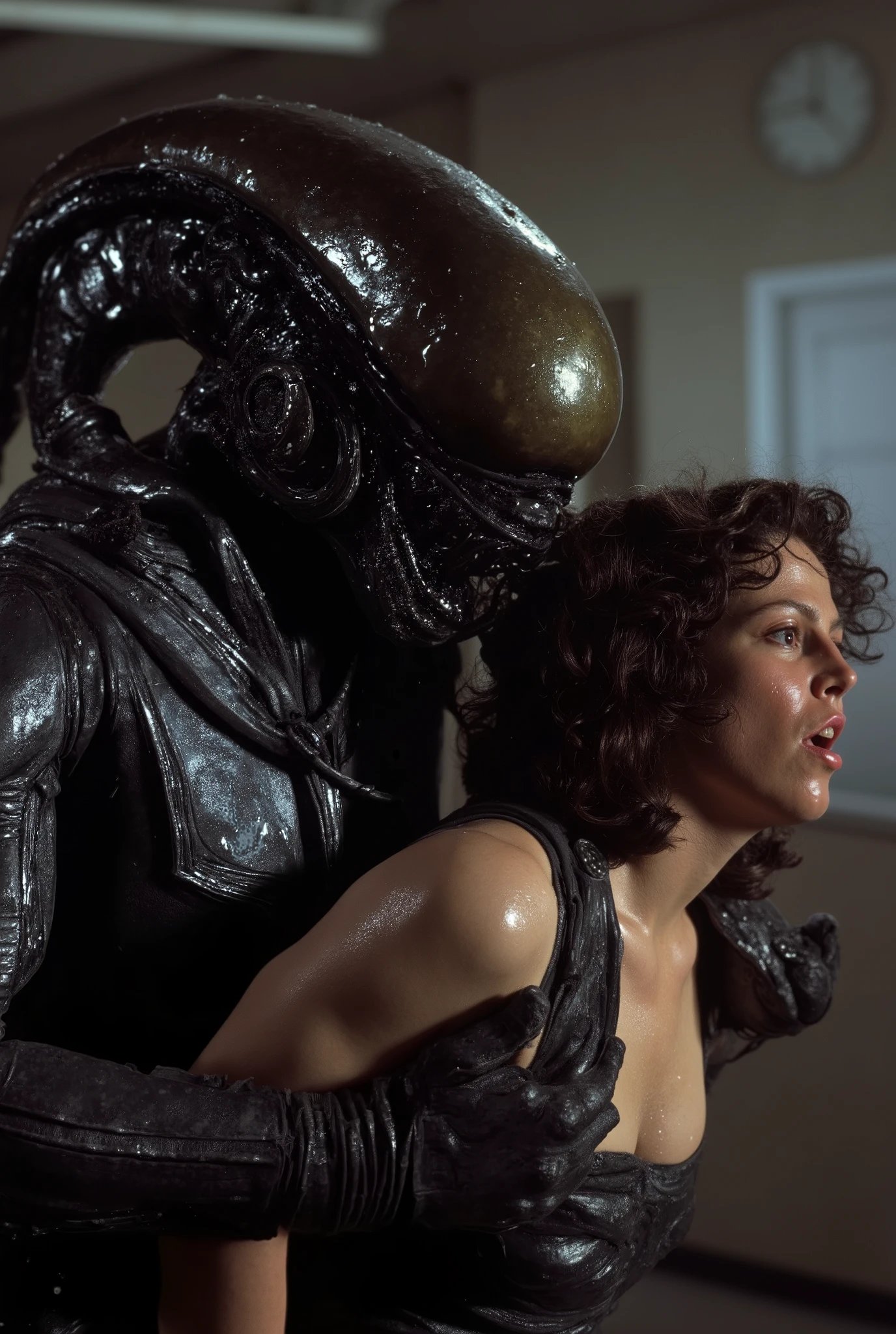 a massive xenomorph dick fuck unconscious Ellen Ripley pussy hard, Ellen Ripley is gunge all over her body and cum on her face
