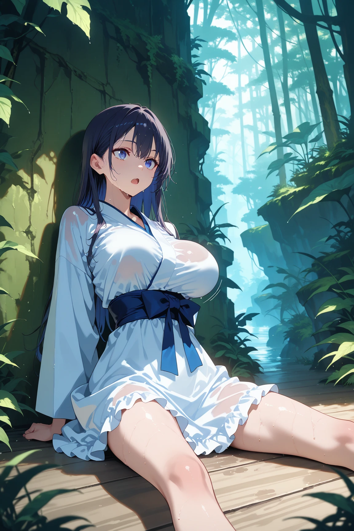 ((1 woman covering her body with a towel)),((completely naked, wet)),((huge breasts)),((in a forest)),((eyes closed, sleeping)),((pubic hair very big)),((wet black hair)),((facing the viewer, with legs open, in a forest)),