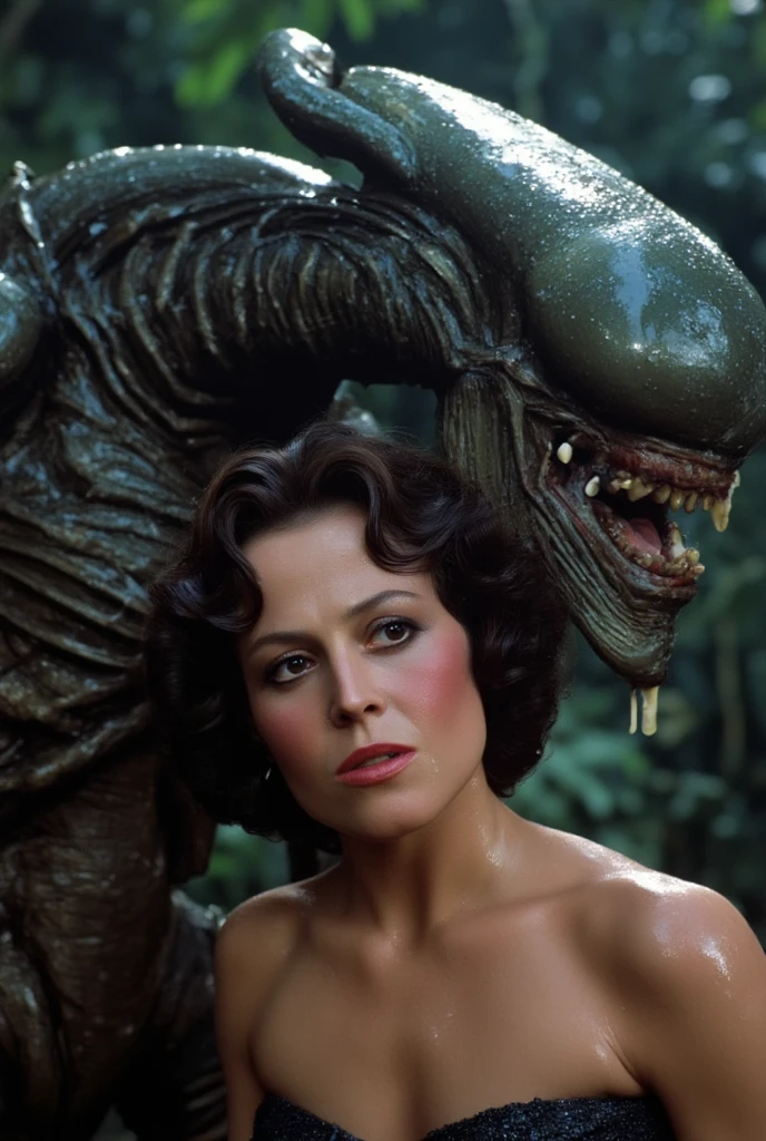 ((black hairedgirl in wet white swimsuit, seduced by black lagoon creature, ))) by Mort Kunstler, by Norman Saunders, By Basil Gorgos, by Frank Frazetta, by Bernie Wrightson, Fumetti style, 50s 60s aesthetic, Men's action magazine vibe, very vintage retro, lurid and vivid colors, soft lighting, medium contrast, HD, 8x, intricately detailed, ripped borders, torn and wrinkled pages