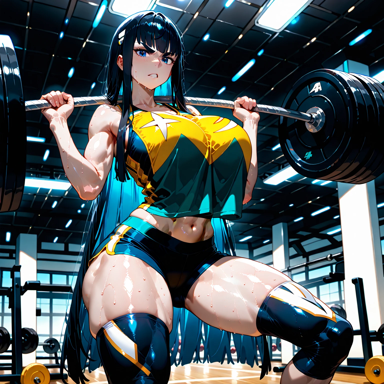 Masterpiece,best quality,high resolution,30 year old woman,blue hair,tied hair,beautiful face,yellow eyes,bright eyes,cat ears,perfect body,athletic body,milf,bodybuilder pose, small breasts, thick thighs,big ass,round buttocks,bodybuilder,jacket on top,sports bra, leggings,standing,expression of pleasure, inside the room