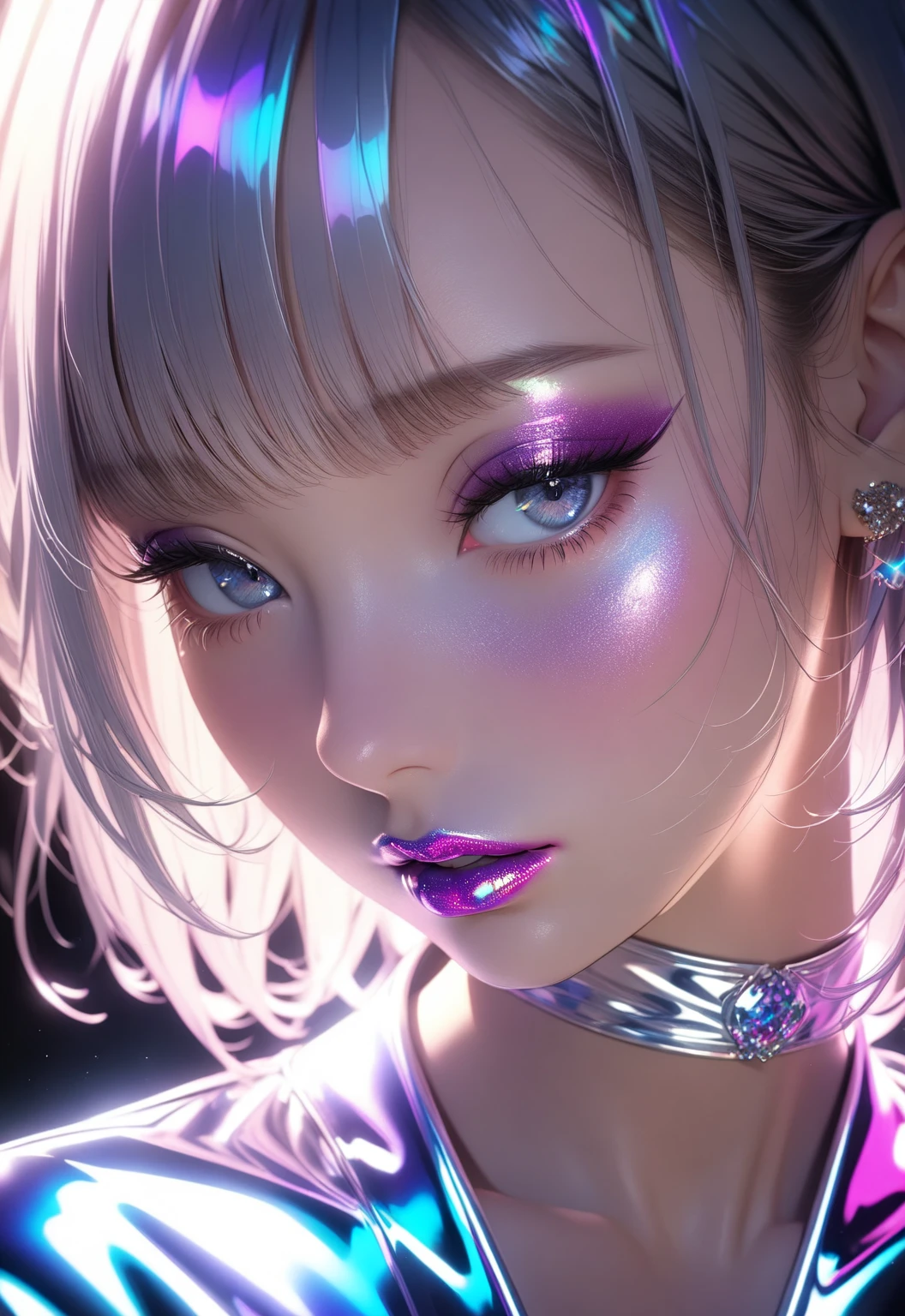 masterpiece, glowing particles, ambient lights, cute, full body detailed, 32K, high details, perfect lighting, perfect anatomy, soft light, full body, BREAK ((shiny silver hair)), bob cut, bang between eyes, beautiful hair), (glossy silver eyes:1.5), (beautiful eyes, twinkle eyes, large eyes, close eyes), BREAK (athlete body, large breasts), cute face, beautiful face, pretty face, beautiful, best quality, good anatomy, long eyelashes, expressive eyes, Perfect Hands, BREAK 1girl, standing, (color theme: (deep purple:1.6) and gold), she wearing a (mermaid-shaped dress) inspired by the colors and patterns of a deep purple swallowtail butterfly's wings, the dress is tight-fitting to accentuate the body line, with a base color of deep purple, adorned with gold glitter and sequins, The accessories are also inspired by the colors of the swallowtail butterfly, adding a touch of elegance and sparkle,