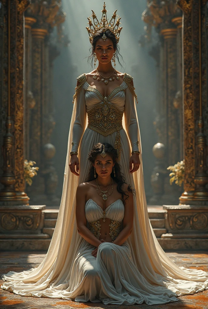 Generate an image depicting the majestic kingdom of, Velanati Chodas with towering palaces, bustling markets, and lush landscapes. Show Zendaya, distinguished by her valor and kindness, being chosen as the future queen, while Erena's jealousy begins to brew in the background
