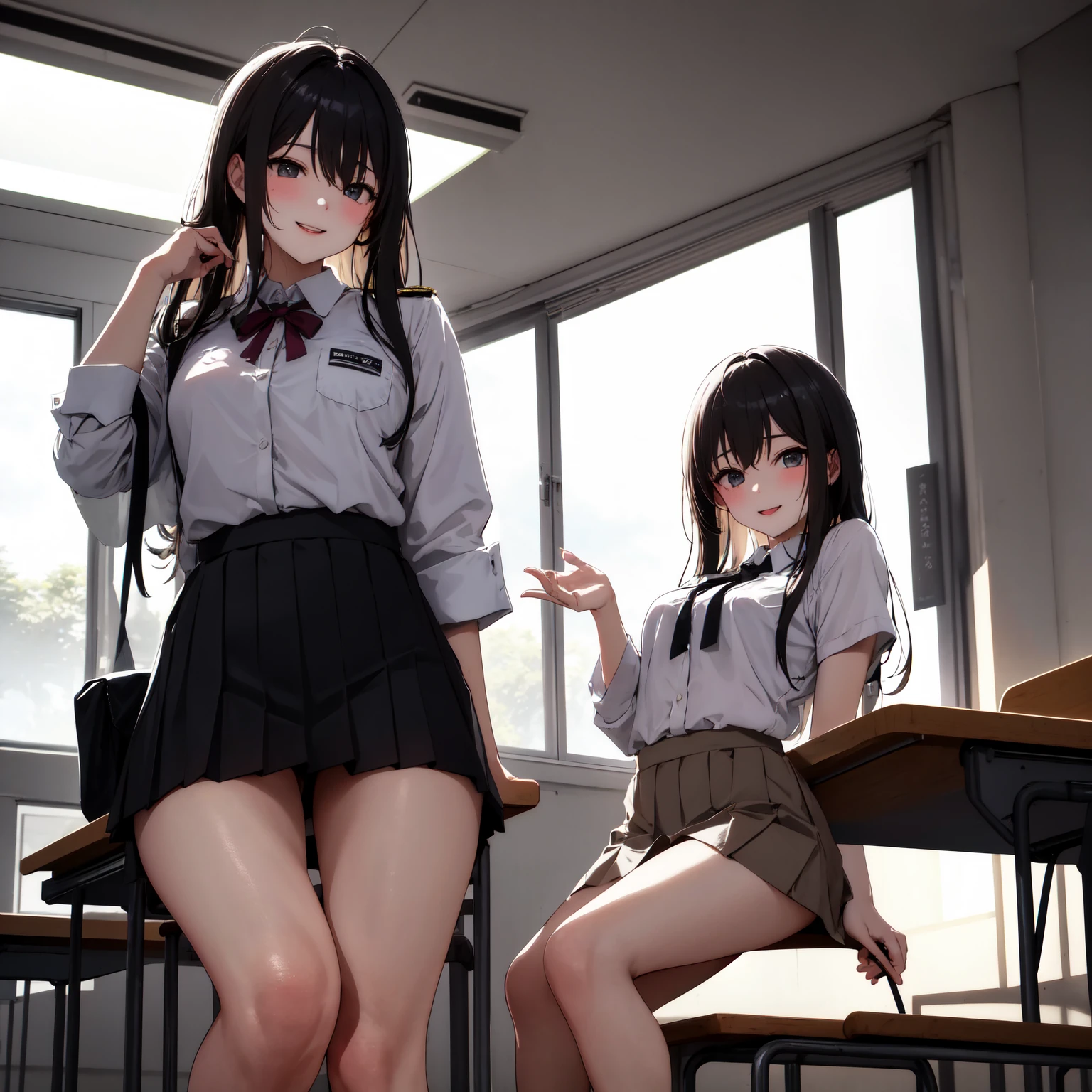 Best Quality,masutepiece,look down on, Upper body,Strands of hair,Farbe々Hair color,Classroom,tiny chest、red blush, Bow, Red bow, Long sleeves, Shirt, Collared shirt, Skirt, Pleated skirt, Black skirt, tiny chest、looking at the viewers, BREAK (masutepiece:1.2), Best Quality, High resolution, Unity 8k壁纸, (Illustration:0.8), (Beautiful detailed eyes:1.6), extra detailed face, Perfect Lighting, extremely details CG, (Perfect hands, Perfect Anatomy),A smile、(Skirt lift:1.3), (White panty:1.3)、(Skirt that rolls up:1.3)、(Fully exposed panties:1.5),(Multiple girls)