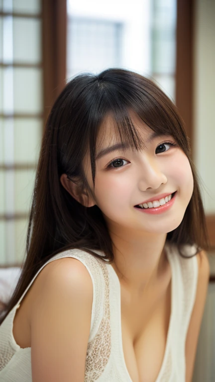 masterpiece,best quality,(Japanese ),((Beautiful girl)),cleavage,indoor,(perfect body beauty:1.2),(shy smile),beautiful teeth,(From slightly above),