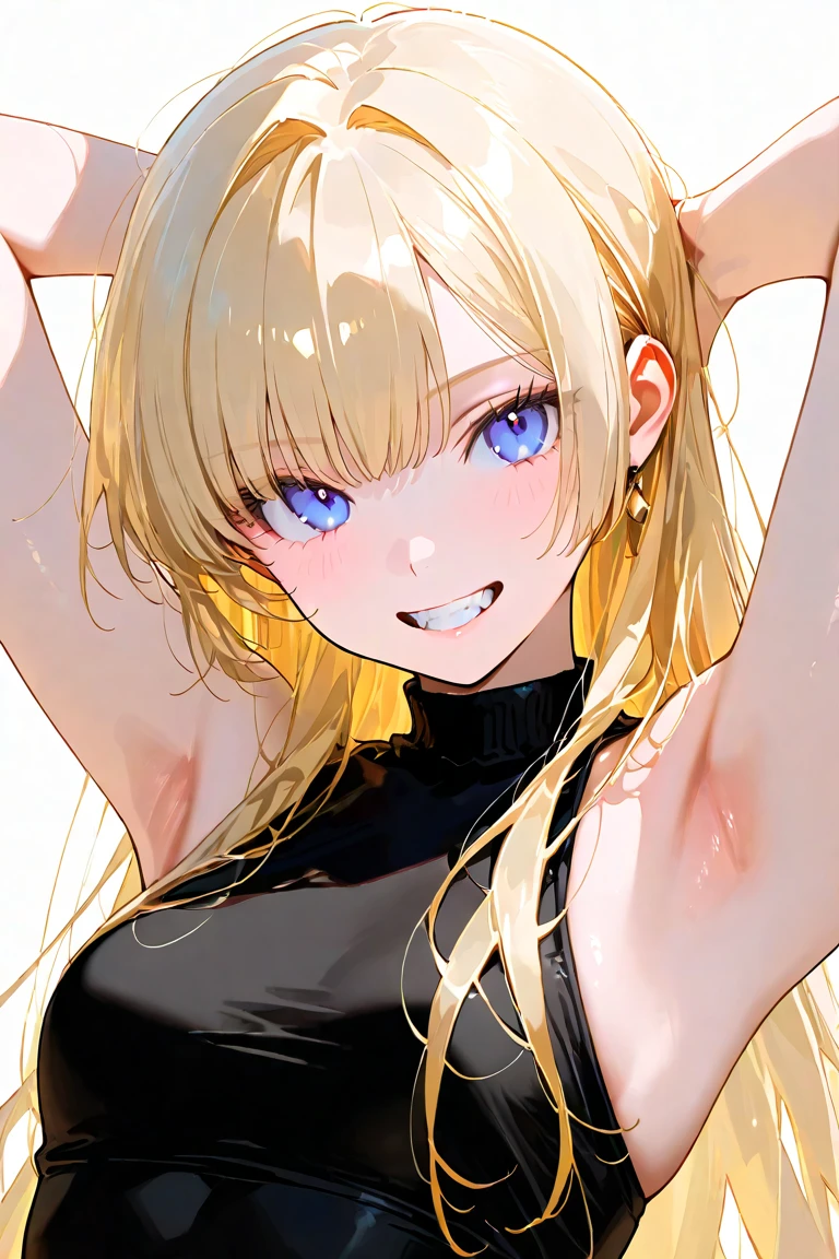 portrait of anime woman with blonde hair, blue eyes, cute smile, wearing black sundress, high resolution, illustration
