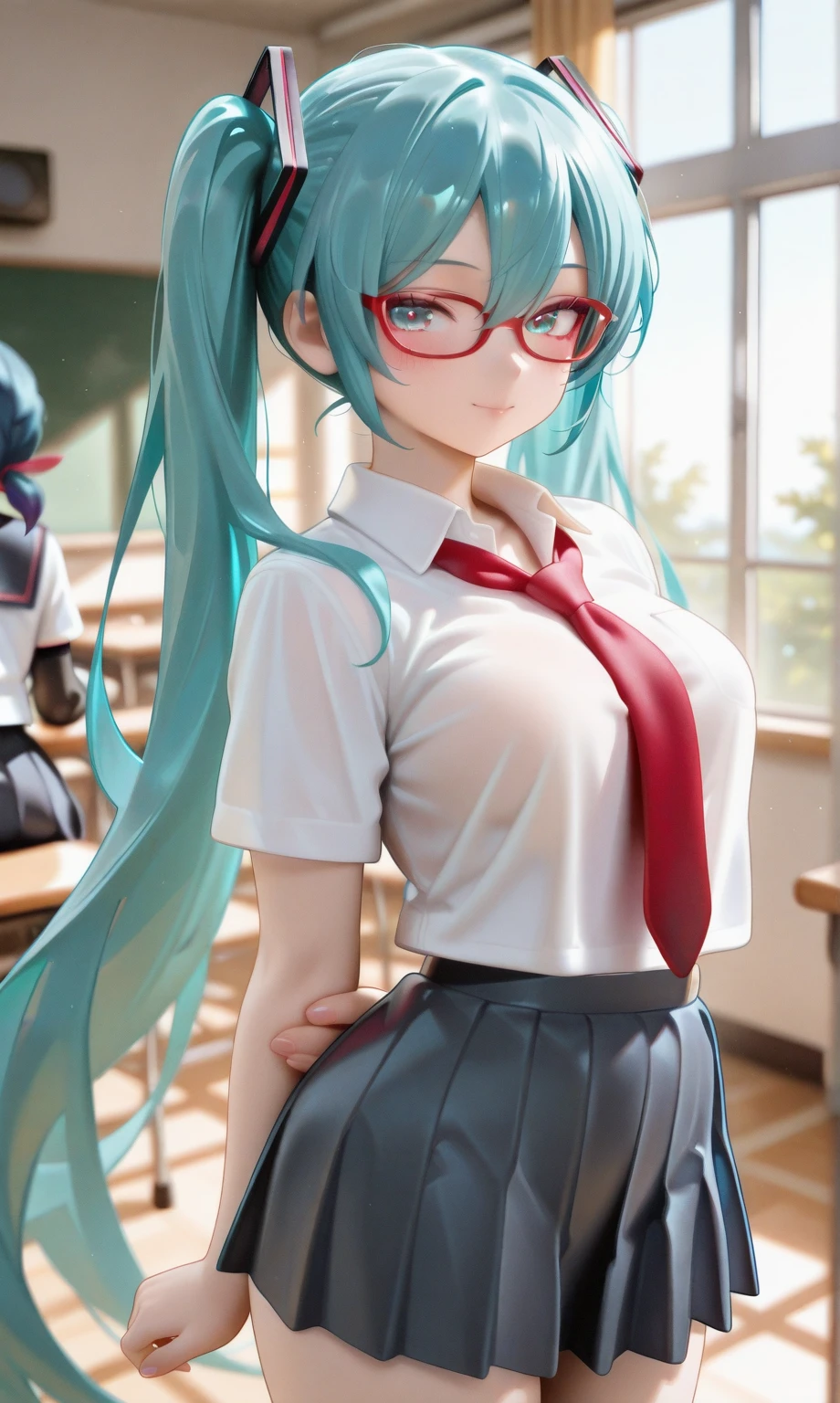 AGMM, 1girl, (Ariana Grande, blue hair, Yellow_Skin, Colored_Skin:1.2), wearing wet see-through school uniform, large breasts, reveal, covered, skirt, thighhighs. inside building, classroom, sunbeams, bokeh, sparkles, evening, smile, sexy smile, --auto --s2