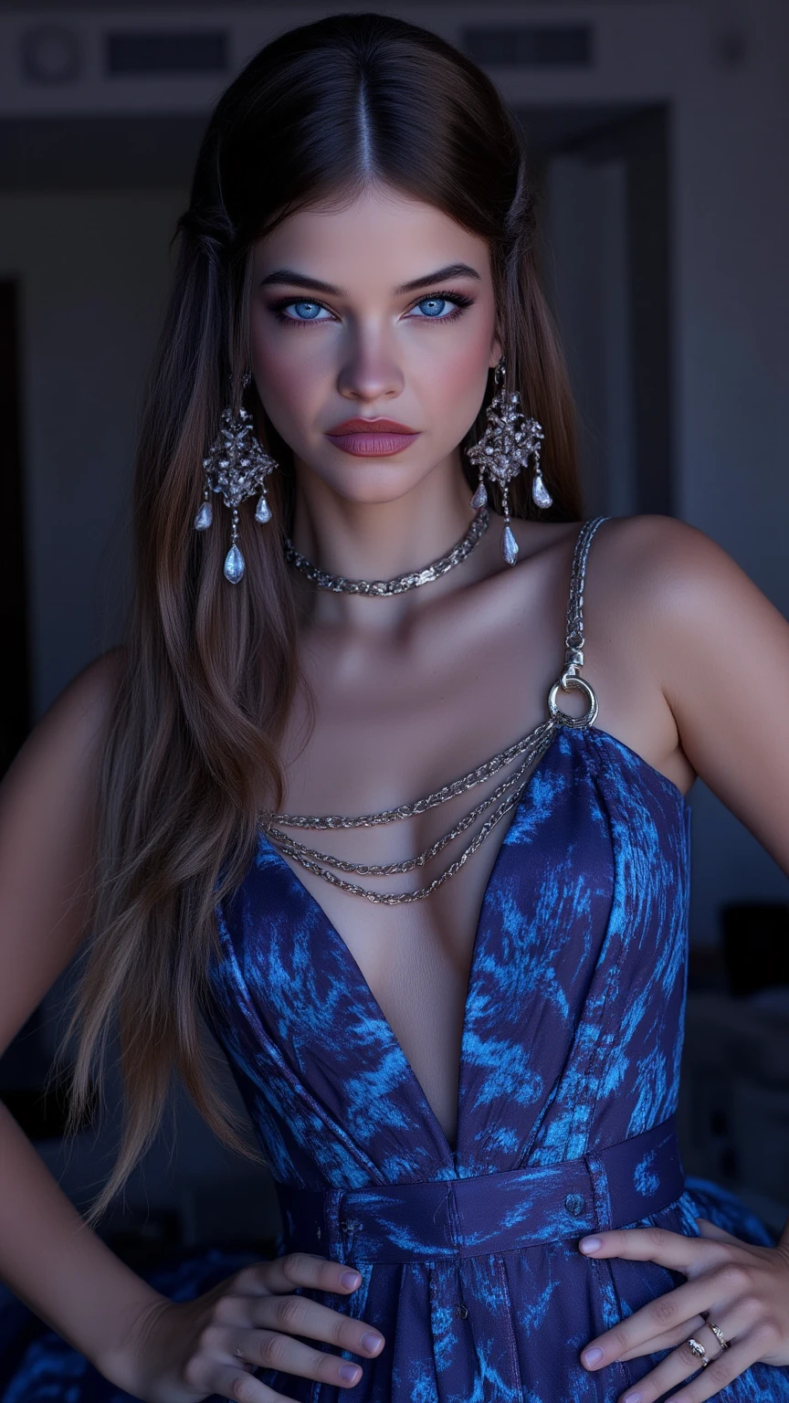 A beautiful and attractive woman, with very long messy hair, beautiful make-up,, surrounded by a misty atmosphere. A charming and feminine woman And stunningly beautiful, She wears a sexy dress, On a moonlit, starry night