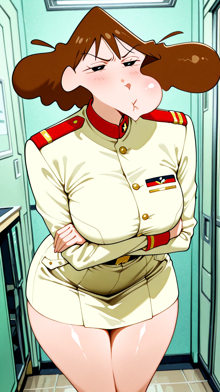(masterpiece:1.2, best quality), (highly detailed:1.3), 1girl, 17yo girl, (white panties:1.3), white shirt, red tie, soviet police, red star, standing still, serious, soviet police office, bright, warm, ghibli style