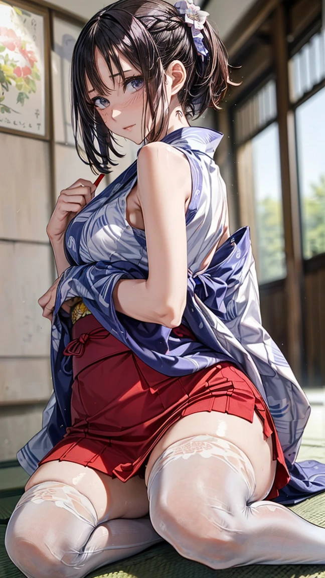 anatomically correct, best quality, masterpiece, high quality, high details, highres, HD, (shaded face:1.2), hollow eyes, blue eyes, looking at viewer, seductive smile, lips, black hair, long hair, 1girl, breasts, long_hair, water drop, sliding_doors, japanese_clothes, kimono, armpits, shouji, rain, bangs, large_breasts, sleeveless, tatami, indoors, obi, sash, wet_clothes, wet, blush, looking_at_viewer, thighs, solo, bare_shoulders, window, sleeveless_kimono, plant