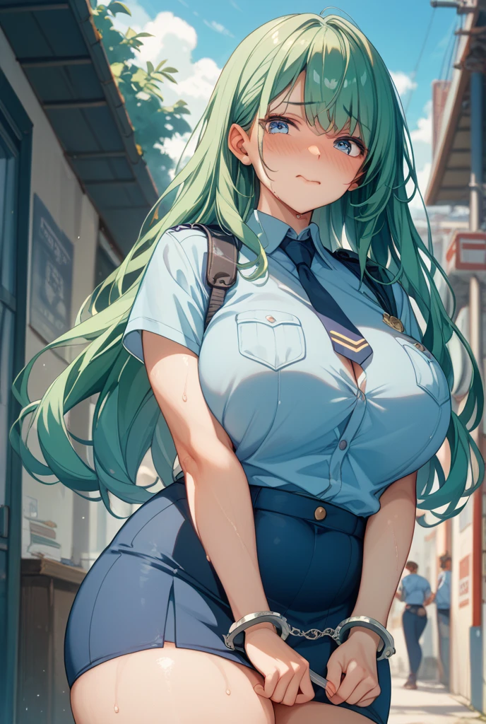 ((Master masterpiece)), ((Top image quality)), illustratio, The girls１Guys, Hair color, Bangs, Hairstyle Fax,Cat's ears、 slender、constricted hips、((large full breasts))、Maiden、((Workwear))、Wearing green work clothes、Pasture、There are cows in the distance、She's shirtless、Suspenders hide breasts、Have a mop