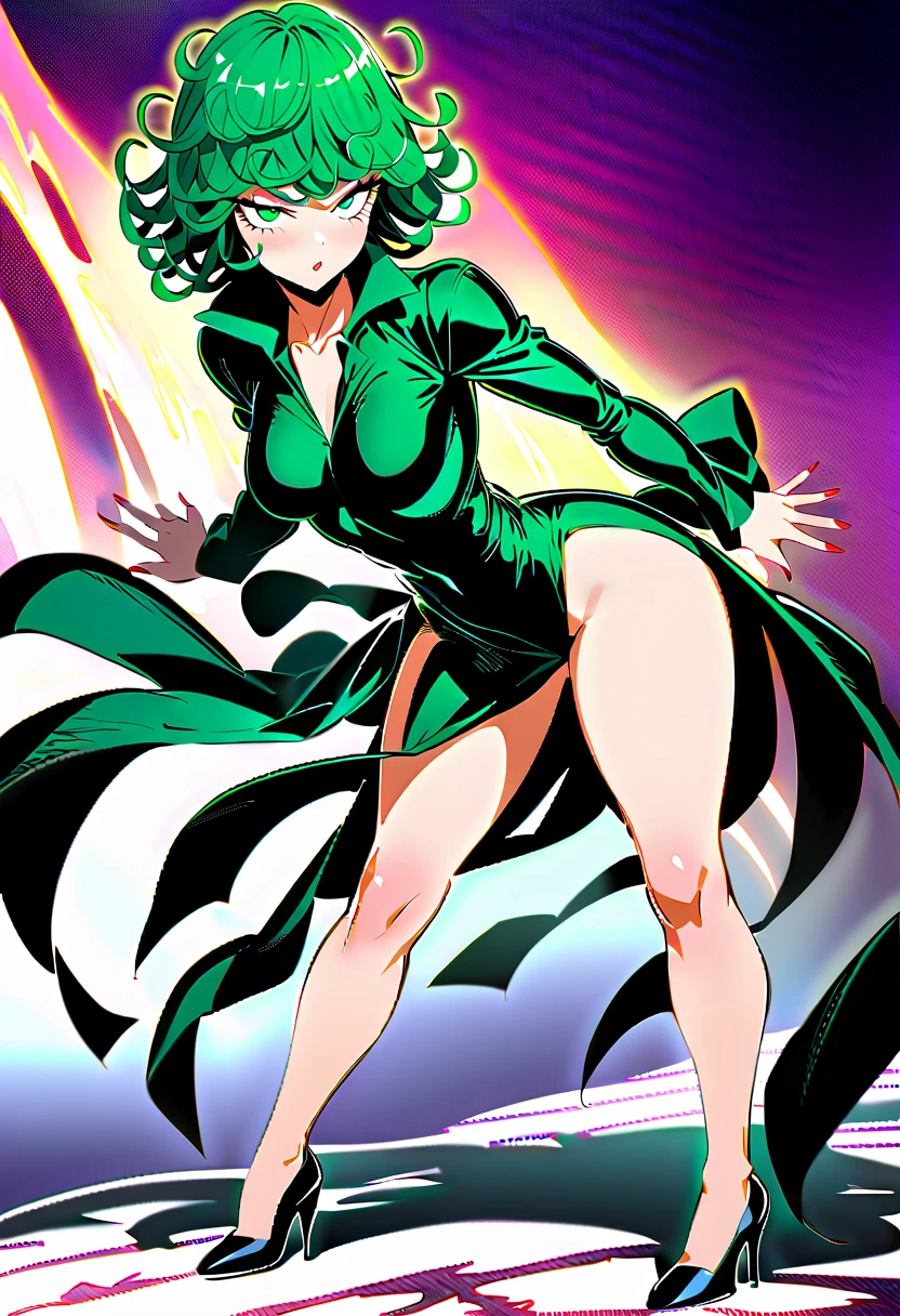 Simple background, plump thighs, clamping thighs, hands stretched upwards, face and body facing the audience, slender waist, 1girl, Tatsukaki, flat chest, black skirt, pelvic curtain (tatsumaki:1.5), girl trasparent black latex dress, Long sleeves, thick thighs, wide hips, green light, pot curtain, green halo, see-through clothing, no, camel toe, 1girl, Chen Juan, green hair and green eyes, dress, solo, black dress, big breasts, small breasts, thighs, curly hair, belly button