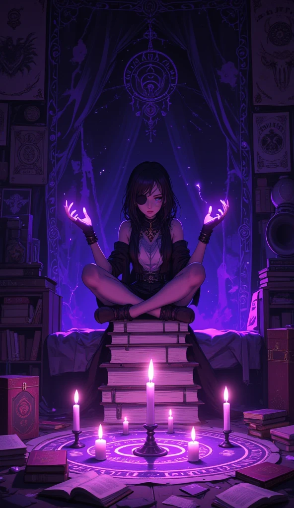 A with woman, very pretty, purple obliquos eyes, a hair black, short, in a house, pentagram on the floor, casting spells, floating candles around you, dark place and dim purple lighting, in a seated position while floating, besides