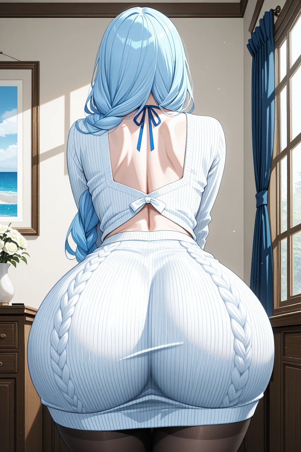 An Idol k-pop girl, (cute face:1), (lewd face:1), braid hair, intricate face details, detailed face, golden ratio face, ((huge breasts:1)), ((large breasts:1)), ((giant breasts:1)), ((big breasts:1)), ((slim waist:1)), ((big butt:1)), ((big hip:1)), ((big thighs:1)), ((thick thighs:1)), ((intricate hands:1)), ((detailled hands:1)), ((intricate feets:1)), ((detailled feets:1)), (polished skin:1,9), (sweaty:1,9), (thicc:1), (she is sexually aroused:1), (full body:1), (look at viewer:1), 64K, UHD, HDR, global illumination, (high quality, high detailed, hyper detailed, extremely detailed), photo realistic, ultra realistic, art photo, (clarify the details, detailed parts body), intricate artwork masterpiece, trending on artstation, (soft smile), (light blue eyes:1,9), (blue cat ears:1,9), tight clothes, standing at balcony, iron fence, plants pot, bricks wall, sky, shine, skirt, wool shirt, glass fence, city, ceiling