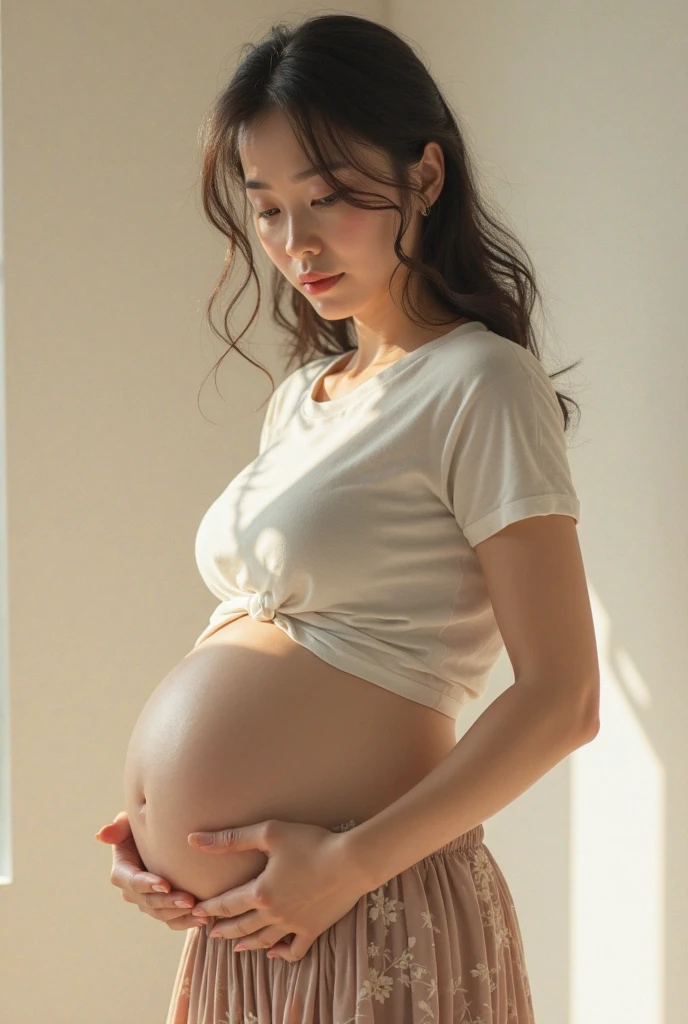 heavily pregnant, young girl, brown hair, hairbangs, ponytail, short hair, big belly, black shirt, short pants beautiful, blurry background, looking at viewer