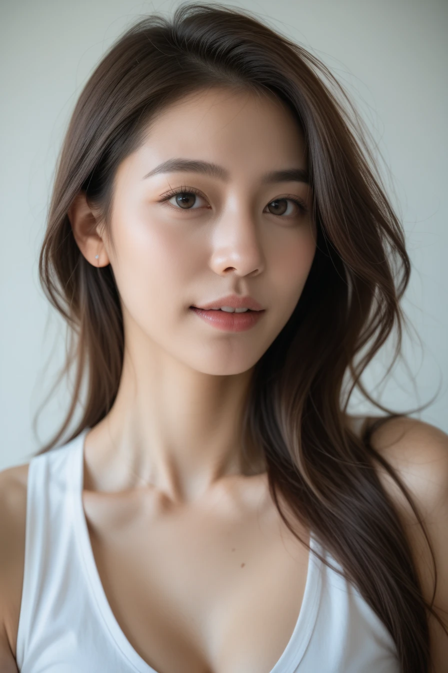 Fashion model 20 years old [[[[Close-up cleavage]]]], [[[[climaxing]]]], [[[[rapeseed]]]], [[[[shoulder]]]], perfect  eyes, Perfect iris，perfect lips，perfect teeth，Perfect Skin，soft front lighting，glowing light，HighDynamicRange，Pure white costume，tee shirt，(facial closeups)，4K Ultra HD, 超高分辨率, (realistically: 1.4), Best quality，tmasterpiece，Ultra-diluted，（pastel colour：1.2）