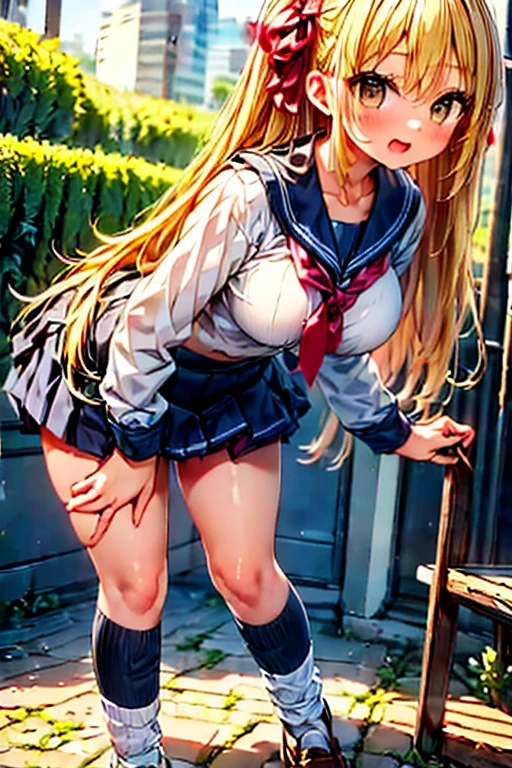 masterpiece, Highest quality, High resolution, Venus 1, One girl, alone, Sailor Warrior Uniforms, Sailor Venus, Minako Aino, blonde, Magical girl, blue eyes, Orange Skirt, Elbow hand pockets, headgear, Pleated skirt, bow, Orange sailor collar, mini skirt, choker, Red bow, Orange choker, White gloves, Very long hair, jewelry, Earrings, Cowboy Gun, Outdoor, sitting with his back to the camera, back view, person sitting upright, turning around and making eye contact , sitting with big butt sticking out, sexly, lewd hips, pose inviting sex, handjob, sexly tongue