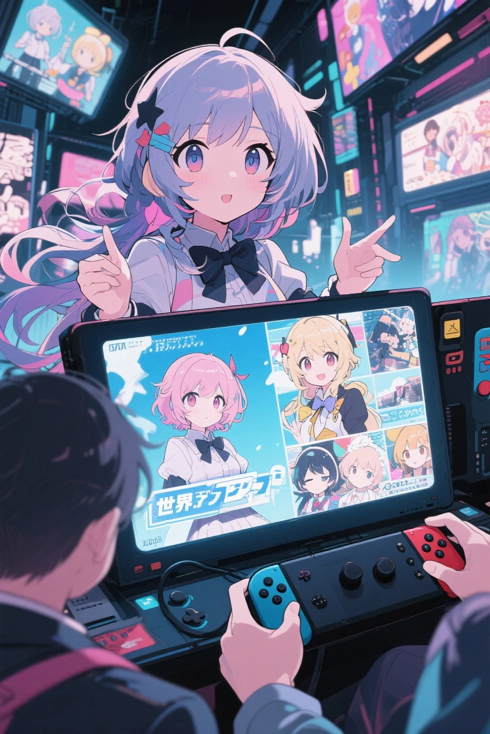 score_9, score_8_above, score_7_above, fountain_cheered up, 1 girl, Switchchan, heterochromia, sailor collar, , shirt, serafín, black thighs, Game control, holding Game control, Session, happy, television, looking at television, on one side,