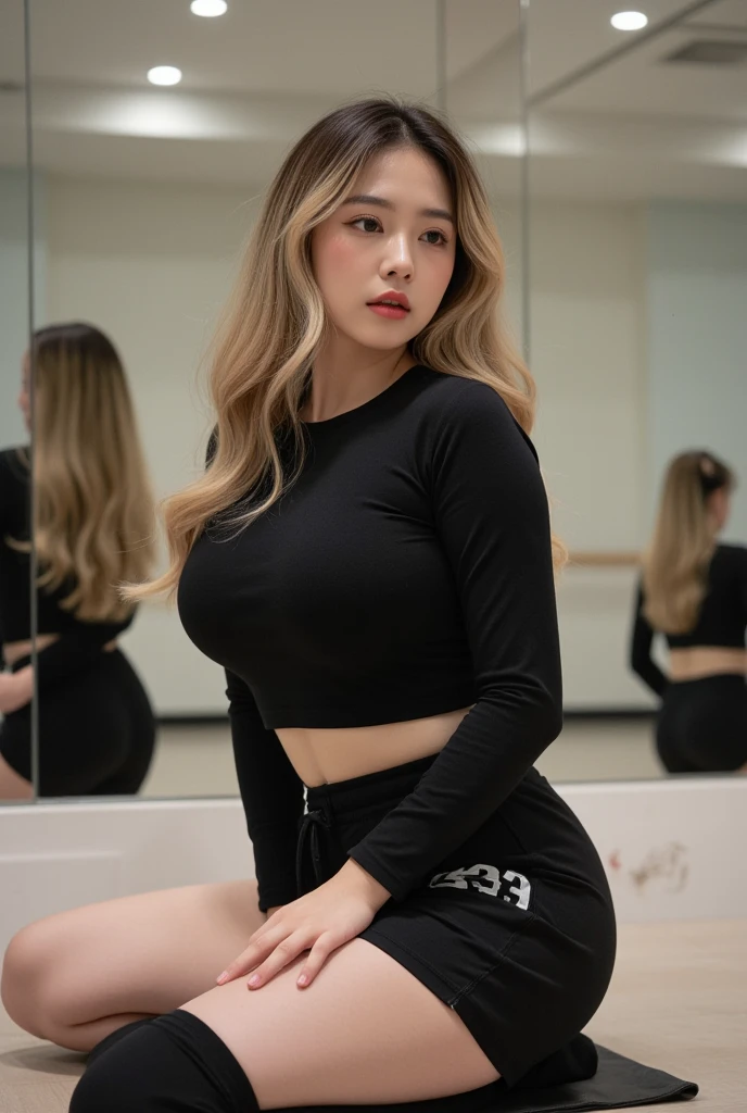 Asian woman with big bust, straight blonde hair, no facial expression, tight clothes, dark green clothes, face selfie, background wall