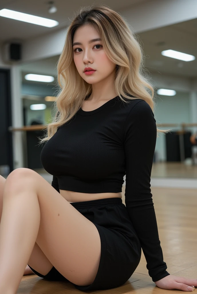 curvy body,,blonde wavy hair,25 years old,make up,japanese gyaru,black printed t-shirt,pleated short skirt,huge breasts,
