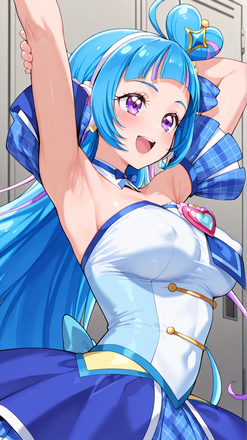 CURE SKY, DRESS, TWINTAILS, GRADIENT HAIR, AHOGE, BLUNT BANGS, HEAD WINGS, FINGERLESS GLOVES, WHITE SHIRT, PUFFY DETACHED SLEEVES, cape, THIGHHIGHS, BLUE LEGWEAR, gem, SINGLE EARRING, 1girl, 独奏, upper body, facing viewer, (looking at viewer:1.5), in the center, smile,
Open your mouth wide、a large amount of  on the face,、Tongue sticks out of mouth、Big Breasts、Cleavage、Close-up of face、slouch、Hard nipples protruding、Approaching the full screen、Licking the viewers with his tongue、He approaches the screen and extends his tongue, trying to lick it.、Faces so close、Face and chest filling the screen