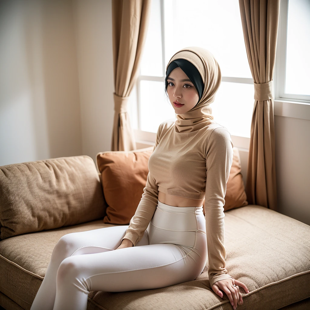 1 lady, wearing a brown colour sweater, wearing a long jeans, sitting in a cinema, (wearing a peach hijab), hijab covers her whole hair,(huge breast 1.6), sweet, thin waist, half body selfie shot, casual pose, (dark background)