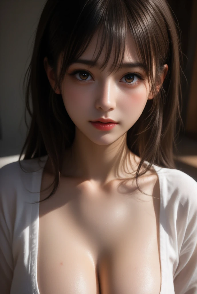 1 girl, alone,monotone,cleavage,portrait,beautiful eyes、smile