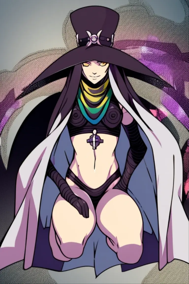 Masterpiece, best quality, Scathach, solo, female1, shin megami tensei, cape hat, black and blue cape, flower tattoo, gloves, white skin, (yellow eyes 1.1), flowing, sitting, shirt, smile, park